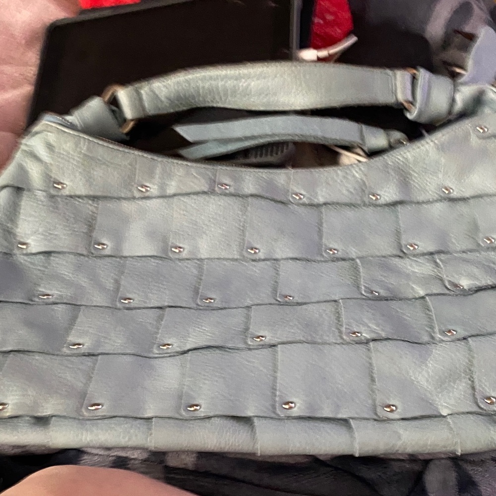 b. makowsky Woven Panel Studded Shoulder Bag - Light Blue